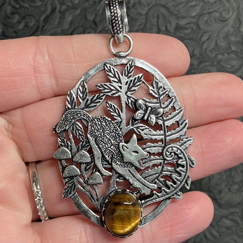 Tigers Eye and Stretching Fox Coyote Wolf Dog Pendant Stone Crystal Jewelry